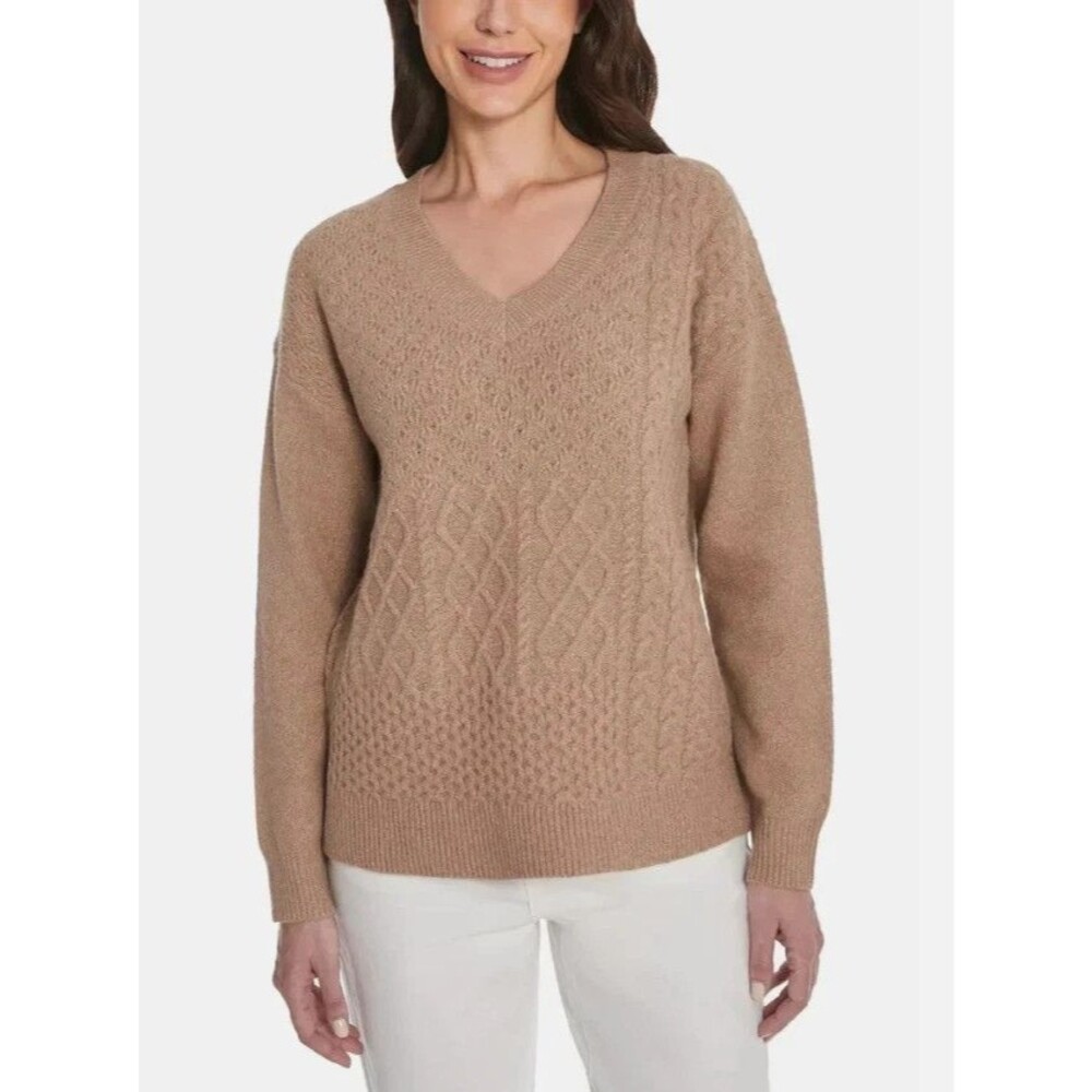 Frye Patchwork V-Neck Sweater Women's M 8-10 Camel Tan Cable Knit Pullover